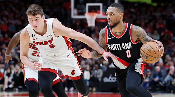 Damian Lillard drives into the paint vs. the Heat.